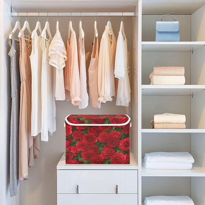 Bolaz Red Rose Leaves Pattern Storage Bins with Lids and Handles, Foldable Storage Box Storage Basket with Cover Collapsible Organizer Containers for Home Closet, Shelves