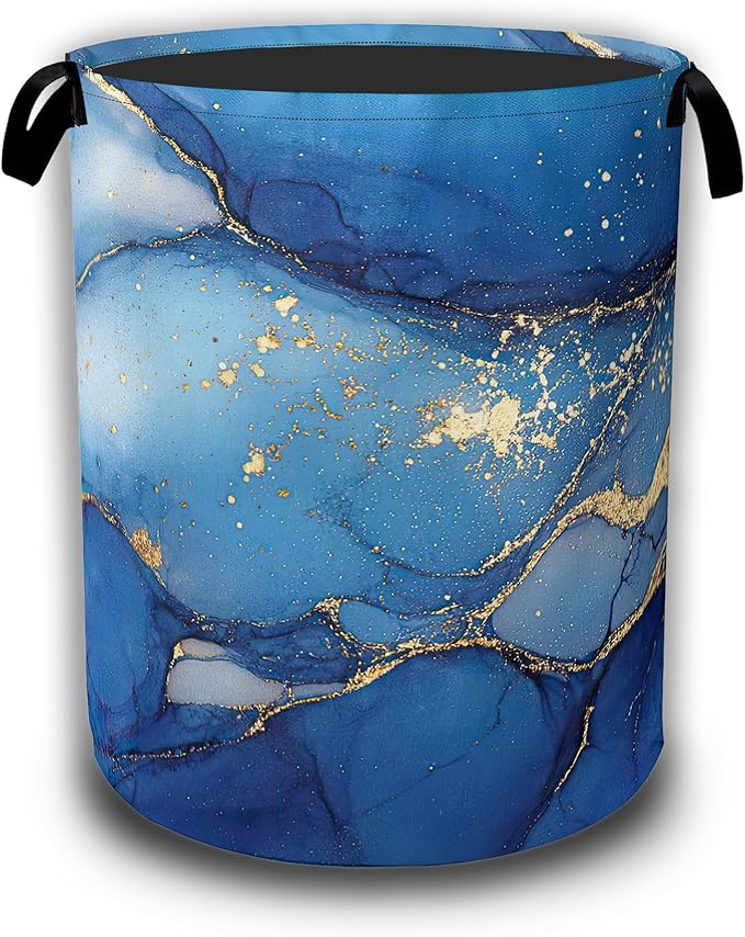 Blue Gold Marble Laundry Basket, Laundry Hamper Waterproof Oxford Cloth Tote Collapsible,Clothes Storage Bucket Decorative Toy Organizer For Bathroom Bedroom 16" x 20.8"