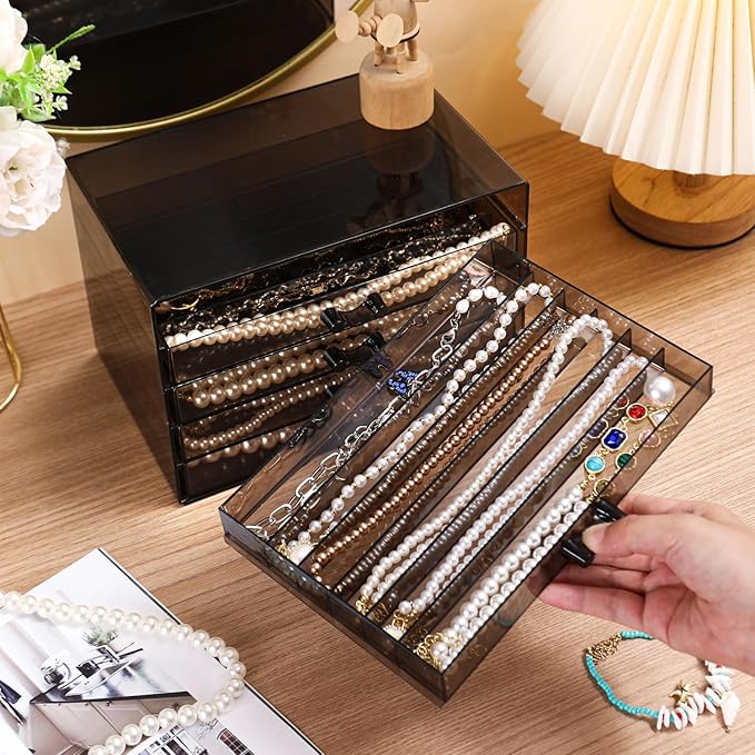 Necklace Organizer Box with 5 Trays, Dustproof Storage Holder Display Case, Tray Drawer for Pendant Chains, Suitable for Women and Girls (Black)