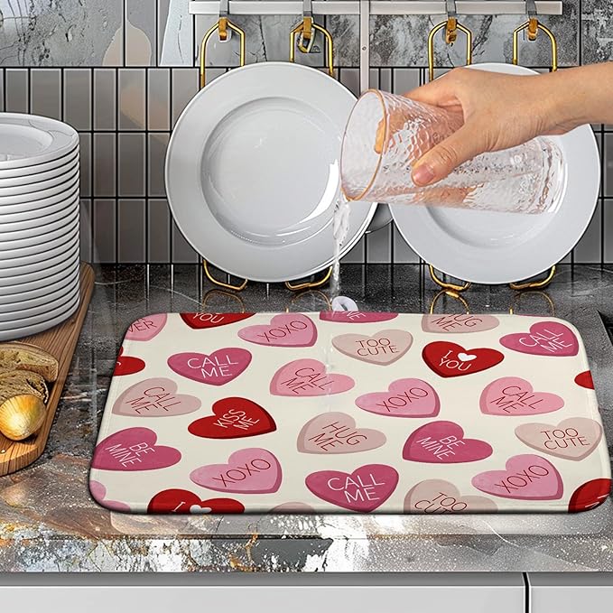 Wnoesat Valentine Love Heart Dish Drying Mat for Kitchen Counter 18x24 Inch Valentines Day Dish Mats Absorbent Microfiber Dish Draining Mat Reversible Dish Drying Rack Mat with Hanging Loop