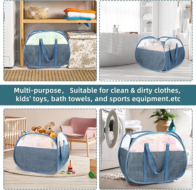 2 Pack Collapsible Laundry Baskets, 90L Large Foldable Laundry Basket, Pop Up Hampers for Laundry, Dirty Clothes Laundry Hamper for Bedroom, Bathroom, Dorm, Laundry Room, Travel or Camping Blue