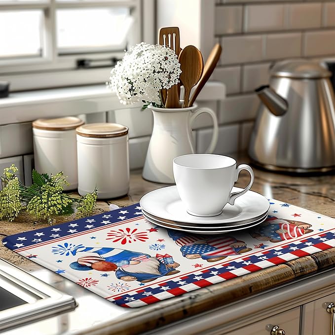 Wnoesat 4th of July Dish Drying Mats for Kitchen Counter 18x24 In Memorial Independence Day Patriotic Gnome Stars Microfiber Drying Mat Fourth of July USA Super Absorbent Dish Rack Mat Drying Pad