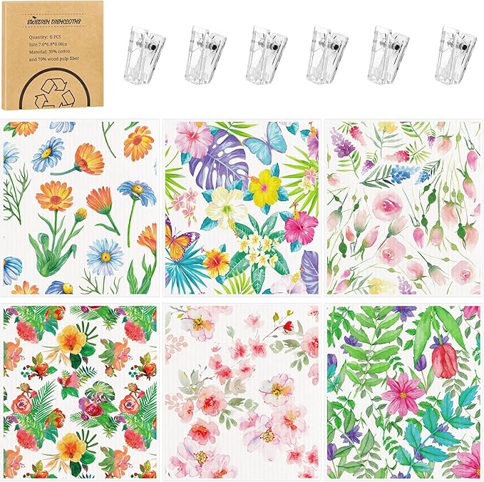 6 Pack Swedish Dishcloths for Kitchen, Swedish Rags Absorbent Floral Dish Cloths Dish Towels with Adhesive Clips, Reusable Paper Towels No Odor for Cleaning Kitchen Valentines Gifts for Women