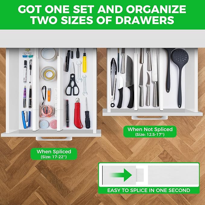 4 Pack Bamboo Kitchen Drawer Dividers with Inserts 2.6" High, Adjustable from 12.5 Inch to 21.7 Inch Drawer Organizers, Expandable Drawer Separators for Clothes, Bedroom, Dresser, Office (White)