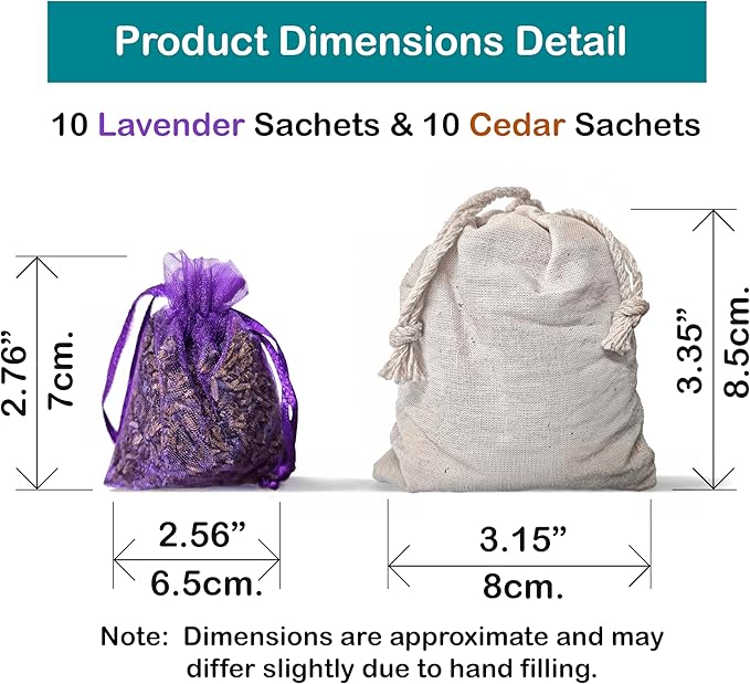 Vivenzia 20 Pack Cedar Sachets & Lavender Sachets for Drawers and Closets – Cedar Chips for Clothes Storage & Dried Lavender Sachets - Drawer Fresheners for Dresser. Closet Deodorizer.