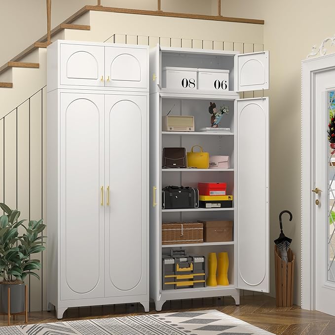 Metal Storage Cabinet with Doors, 90" Tall Kitchen Pantry Storage Cabinets with Adjustable Shelves, White Pantry Closet, Steel Large Cupboard, High Leveling Feet- Assembly Required