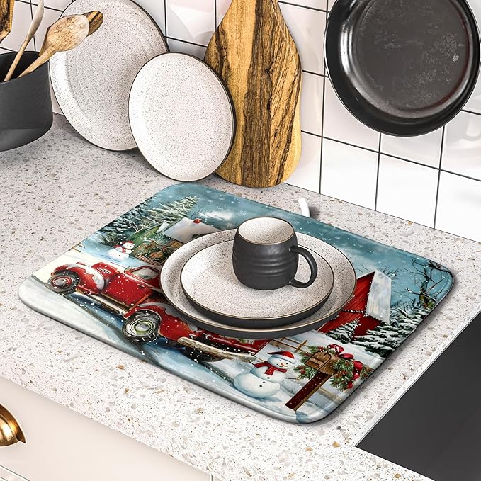 Christmas Dish Drying Mat for Kitchen Counter 18x16 Inch Xmas Red Truck Drying Mat with Absorbent Reversible Microfiber House Snowman Winter Dish Drainer Mats Rack Pad for Coffee Countertop Protector