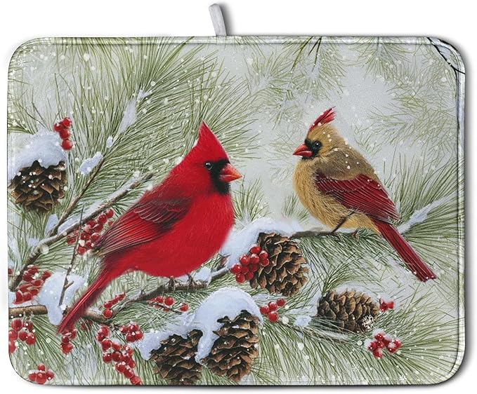 Kwlegh Winter Dish Drying Mat for Kitchen Counter 18x24 Inch Christmas Red Birds Drying Mats Xmas Holiday Microfiber Absorbent Dishes Drainer Mats Cardinal Dish Rack Pad