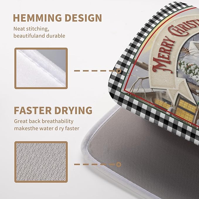 Merry Christmas Dish Drying Mat for Kitchen Winter Snowman Large Dish Drying Mat Buffalo Plaid Kitchen Drying Mat Truck Tree Microfiber Drying Mats Absorbent Dish Pad 18x24 inch