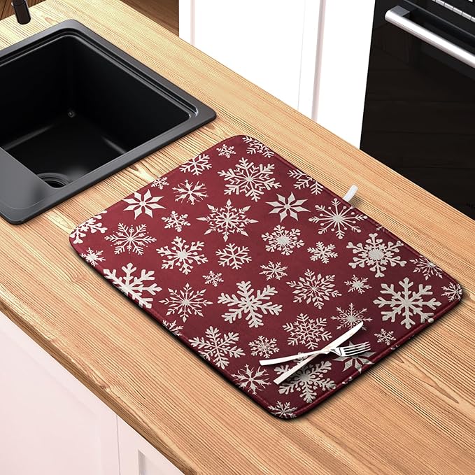 Kwlegh Christmas Snowflakes Dish Drying Mat for Kitchen Counter 18x24 Inch Red White Winter Xmas Pattern Dish Drying Pad for Dishes Microfiber Absorbent Dish Drainer Rack Mats for Countertop