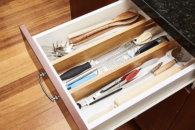 Thomas Grace Homewares Bamboo Kitchen Drawer Organizer Divider Stackable for Deep Drawers. (Set-of- 4) Spring Loaded Dividers that are Expandable & Adjustable. Kitchen Organizer.
