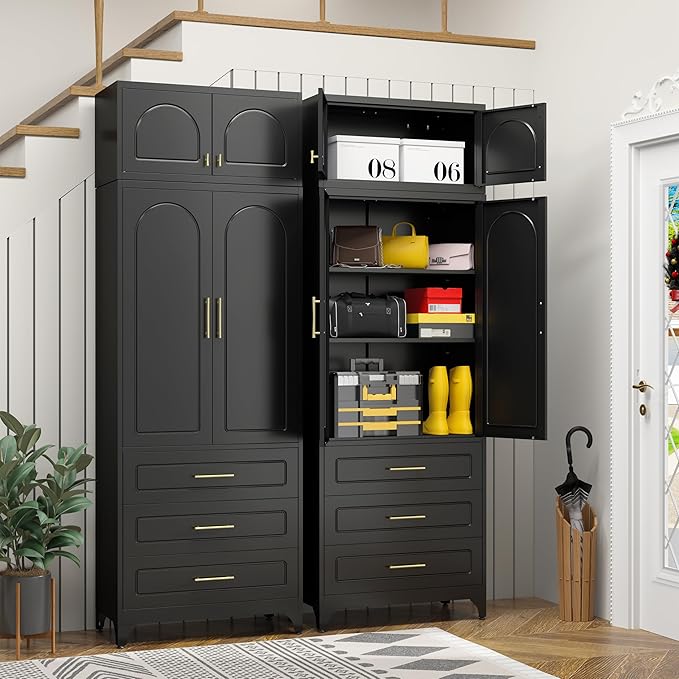 Metal Storage Cabinet with Doors and Shelves, 90" Tall Kitchen Pantry Storage Cabinets with 3 Drawer, Black Pantry Closet, Steel Large Cupboard, High Leveling Feet- Assembly Required