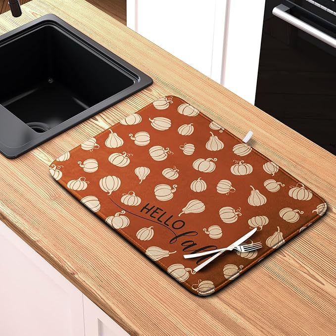 Kwlegh Hello Fall Drying Mat for Kitchen Counter Autumn Orange Pumpkin Dry Dish Mat Thanksgiving Absorbent Microfiber Dish Draining Washable Dish Drainer Rack Mat Large 18x24 Inch