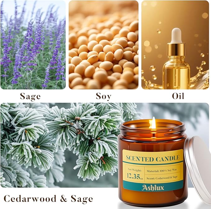 Sage and Cedar Candle for Cleansing,12.35oz Scented Candles with 8% Essential Oils,70 Hour Burn Time Soy Wax Candles for Home Decor,Reading,Jar Candle Gifts for Men and Women