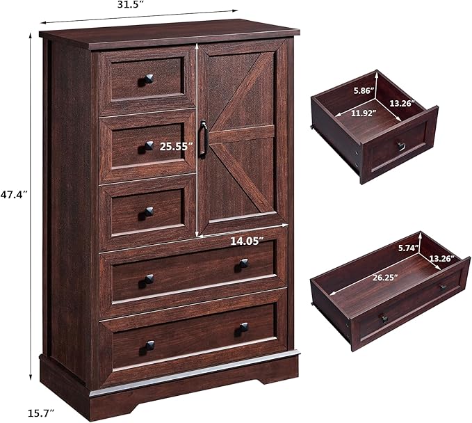 LIDYUK 5 Drawer Cherry Wood Dresser for Bedroom Farmhouse Dresser Chest of Drawers, 48" Tall Clothes Organizer with Storage Cabinet Wood Chest of Drawers for Bedroom, Living Room
