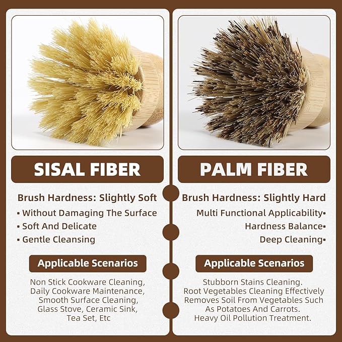 SAMEBUTECO 6-Piece Bamboo Dish Brush Set with Fast-Dry Stainless Steel Holder,3xNatural Sisal Bristle Brush & 1xPalm Bristle Kitchen Cleaning Brushes for Dishes, Pots, Pans & Sink