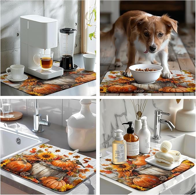 Wnoesat Fall Dish Drying Mat for Kitchen Counter Autumn Thanksgiving Pumpkin Sunflower Maple Leaf Leaves Birds Dishes Draining Pad Washable Dish Drainer Rack Mat Medium 16x18 Inch