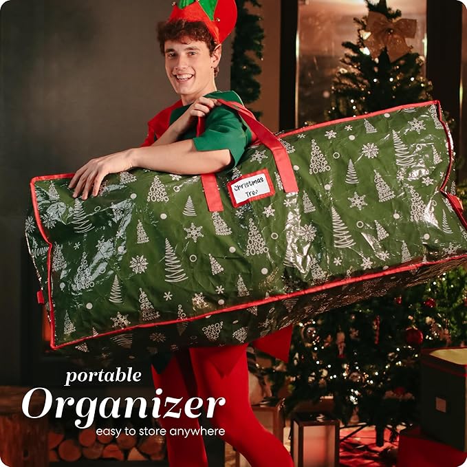 Christmas Tree Storage Bag - Stores 9 Foot Artificial Xmas Holiday Tree, Zippered Bag, Durable Waterproof Material, Carry Handles - Protects Against Dust, Insects and Moisture (Green Printed)