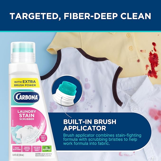 Carbona Laundry Stain Scrubber | Bio-Enzyme Stain Remover | Eliminates Fat, Oil, Blood, Milk, Fruit, Ketchup, Vegetables & Baby Food Stains | Save On Skin & Washable Fabrics | 1 Pack, 8.4 Fl Oz