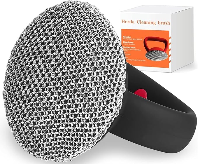 Cast Iron Cleaner Scrubber with Heavy Duty Handle, 3mm Welded Chain Mail Scrubber for Pan Pot Grill Cleaning - Small Ring Chainmail Scrubber Metal Scrub Sponge Skillet, Oven, Griddle, Wok Brush
