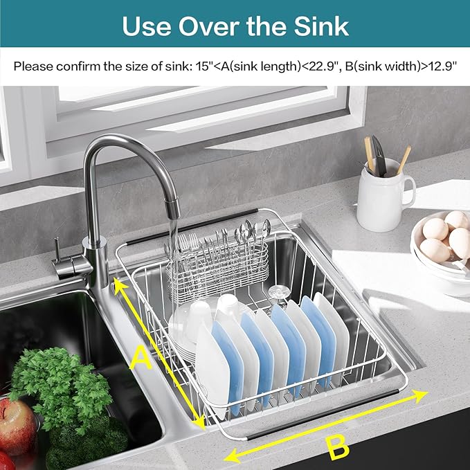 YZPGBT Large Dish Drying Rack in Sink Expandable, Adjustable304 Stainless Steel Metal Dish DrainerRack Organizer with Stainless Steel Utensil Holder Over Inside Sink Counter, Rustproof