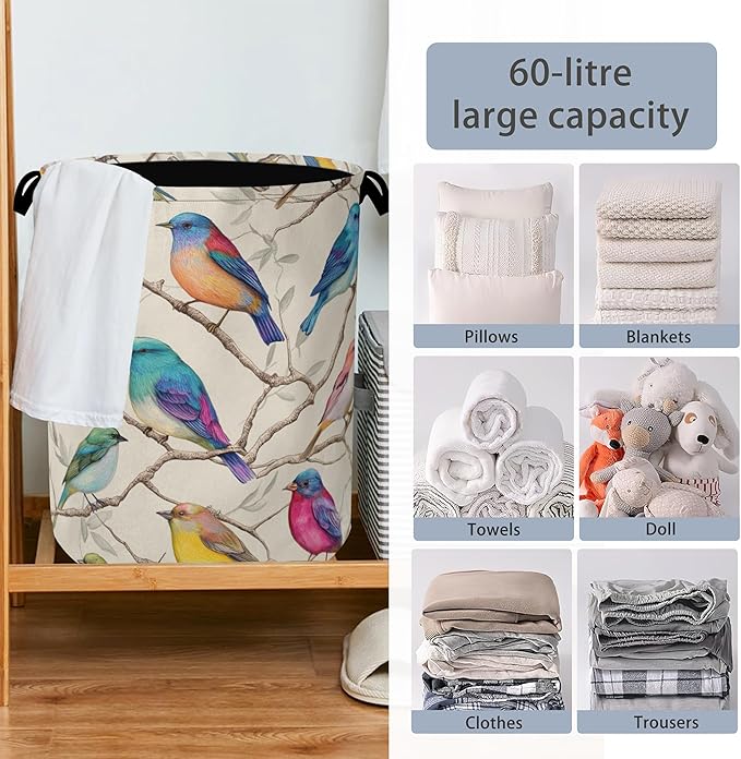 Colorful Bird Laundry Basket,Branches Foldable Oxford Cloth Tote Bag Laundry Hamper Clothes Storage Bucket Organizer for Bedroom Laundry Storage Dormitories 16" x 20.8"