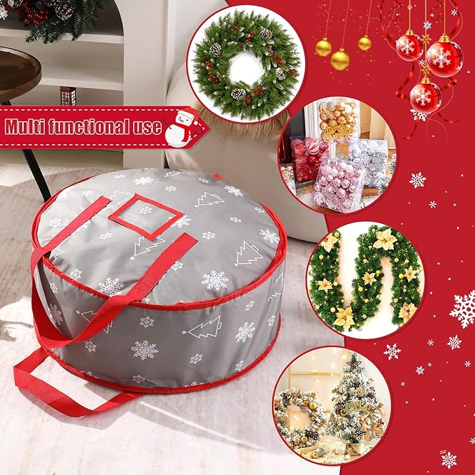 30 Inch Christmas Wreath Storage Bag, Wreath Storage Container with Carry Handles Zipper and Labeling Card Slot, Waterproof Garland Storage Container for Wreath Christmas Decoration, Grey