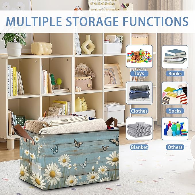 Vintage Daisy Wooden Storage Baskets,Butterfly Foldable Large Capacity Organizer Bins with Waterproof Lining and Leather Handles for Closet,Shelf,Bedroom 17x11.5x10Inch