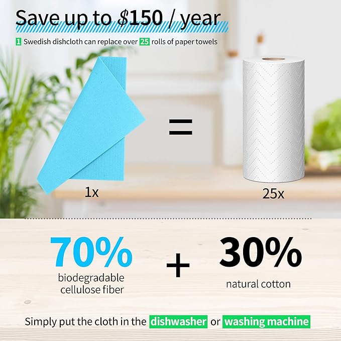 HOMERHYME Swedish Dishcloths, 18 Pack Kitchen Towels Dish Rags, Absorbent Swedish Dish Towels for Kitchen, Non-Scratch Cellulose Cleaning Wipes, Biodegradable Washable Reusable Paper Towels