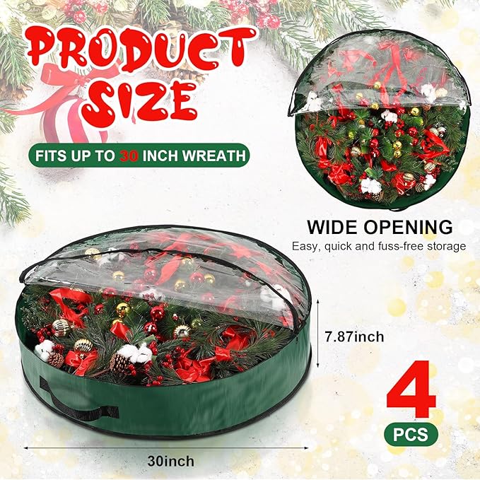 Aliceset 4 Pack Wreath Storage Containers, Christmas Ornament Garland Wreath Storage Bags with Handle Dual Zipper Large Decorative Storages Box for Winter Wreaths(30 x 30 x 7.8 Inch,Green)