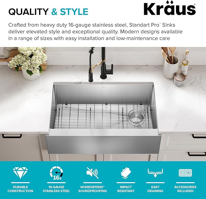 KRAUS Standart Pro 33-Inch Flat Apron Front Farmhouse 16-Gauge Single Bowl Stainless Steel Kitchen Sink, KHF410-33