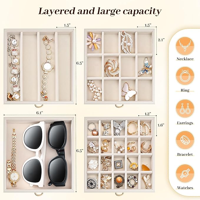 EnHomee Jewelry Box for Women, 5-Layer Large Jewelry Organizer with Mirror & 4 Drawers for Rings, Earrings, Necklaces, Bracelet Lockable Case with Lock (White + Gold)