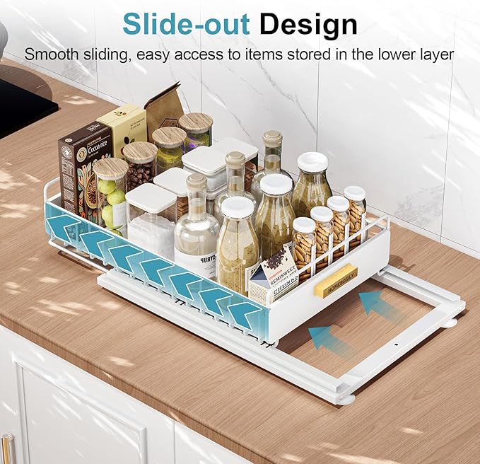 HOMEBOSILY Under Sink Organizer, 2 Pack Pull Out Kitchen Cabinet Organizer, Mute Slide-Out Under Sink Organizers and Storage, Metal Kitchen Bathroom Organizers and Storage Shelves, White