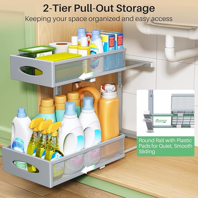 1 Pack Under Sink Organizer, 2 Tier Pull out Cabinet Organizer Mesh Baskets with 5 Adjustable Heights, Sliding Drawers Storage Shelf for Home, Kitchen, Bathroom, Pantry, Office, Countertop ,Grey