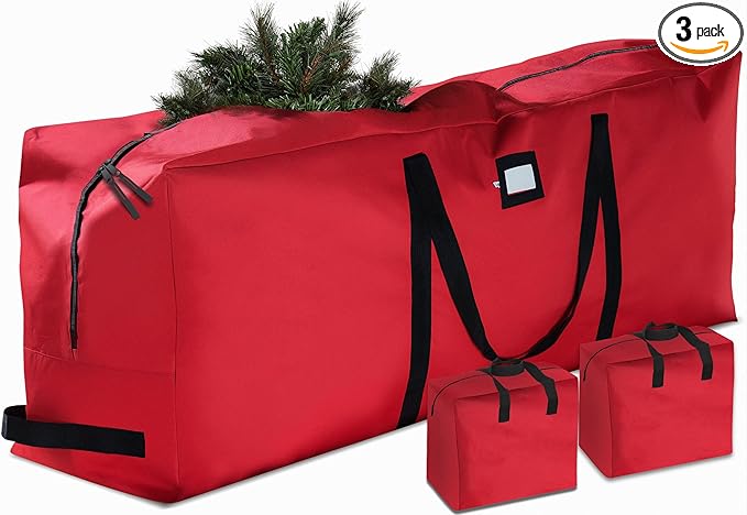 ZOBER Christmas Tree Storage Bag - With 2 Ornaments Accessories/Garland Bags - Fits 7.5 Ft Trees - 600D Oxford Fabric Christmas Tree Bag For Storage Box For Xmas - Strong, Durable Handles - Red
