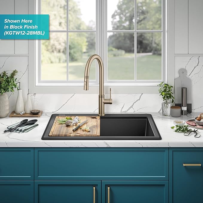 KRAUS Bellucci 28-inch Granite Workstation Drop In Top Mount Single Bowl Kitchen Sink in Metallic Grey with Accessories, KGTW12-28MGR