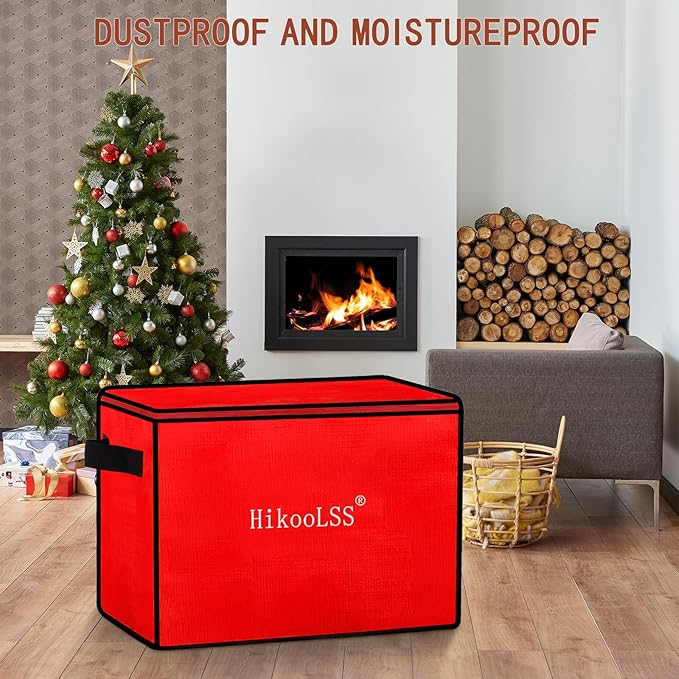 Christmas Ornament Storage Box - Stores up to 72 Holiday Ornaments with Adjustable Dividers,Covered Top and Two Handles,Double Zipper. PE Material Keeps Holiday Ornaments Clean and Dry (Red)