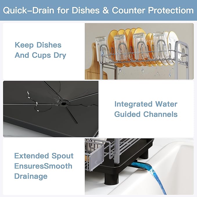 2 Tier Silver Large Capacity Dish Drainers Drying Rack for Kitchen Counter, Metal Stainless Steel Rust Proof Plate Strainers Holder On Countertop with Drainboard Tray, Space Saving, Aesthetic Modern