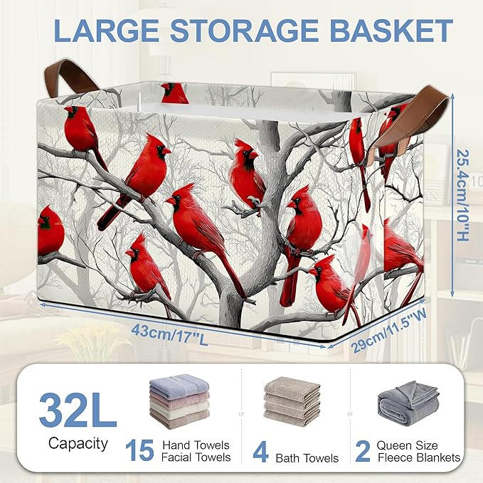 Red Cardinal Storage Basket with Handles,Winter Collapsible Rectangle Organizer Bin for Room Decoration Books Box Baskets 17x11.5x10Inch