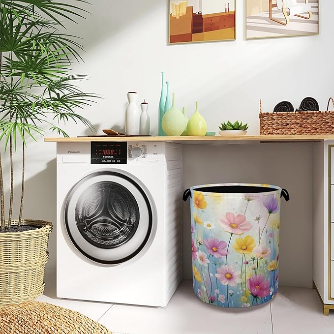 Retro Flowers Floral Laundry Hamper,Dirty Clothes Laundry Basket with Handles Waterproof Oxford Cloth Storage Basket for College Dorms Bathroom Bedroom 16" x 20.8"