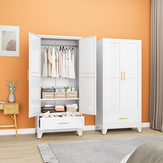 71" H Metal Tall Armoire Wardrobe Closet with Drawer,Household Steel Wardrobe Closet Cabinet with Drawers,Clothing Storage Wardrobe Cabinet with Adjustable Shelves and Hanging Rod for Bedroom