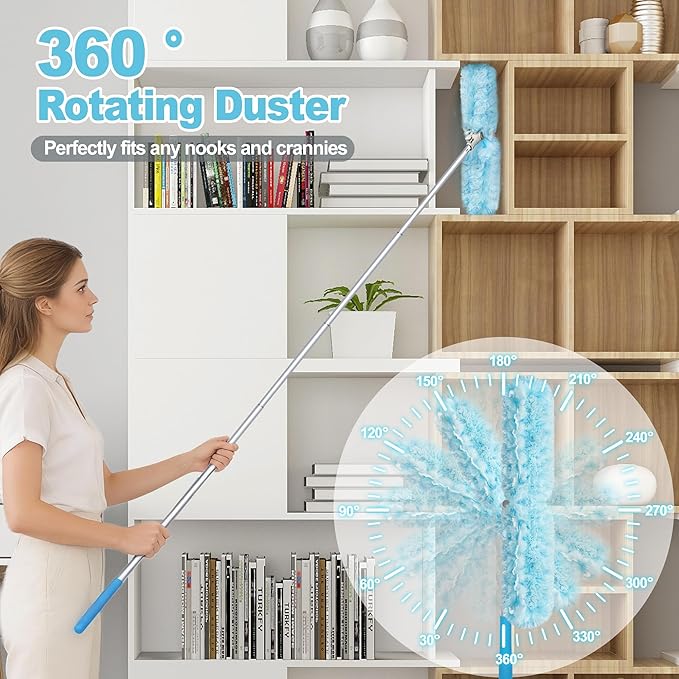 JEHONN Duster with 6 ft Extension Pole, 10 Refills Compatible with Swiffer Super Extendable Handle Heavy Duty Dusting Wand Starter Kit for Cleaning High Ceiling Fan Shelves Vent Window Blind