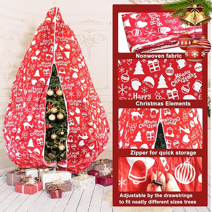 Upright Xmas Tree Storage - fits up to 6.5 ft Height, Dustproof Bag with Zipper & Drawstring, 6ft*6.6ft*52in (Red)