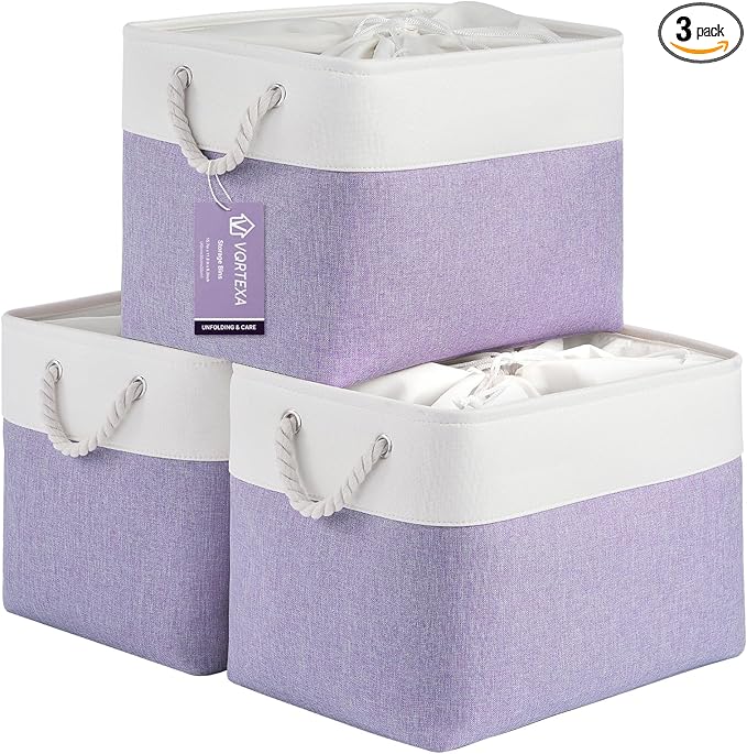 Large Storage Baskets- 16x12x12 inch Storage Bins for Shelves and Closet Organizing, Foldable Fabric Bin for Home Organization Clothes and Laundry (3-Pack, White&Purple)