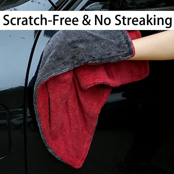 LIVOS 2 Pack Car Drying Towel, Premium Microfiber Towels for Cars, 1000GSM, Edgeless Twisted Loop Design, No Streaks, Scratches, or Water Spot, Absorbent Wash Towel, 18" x 24" (Red&Grey)