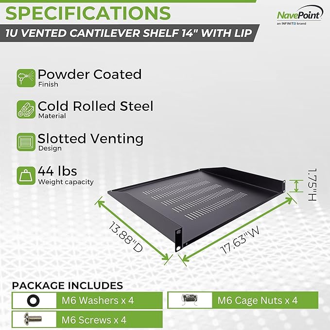 NavePoint Cantilever Server Shelf Vented Shelves Rack Mount 19 Inch 1U Black 14 Inches (350mm) deep