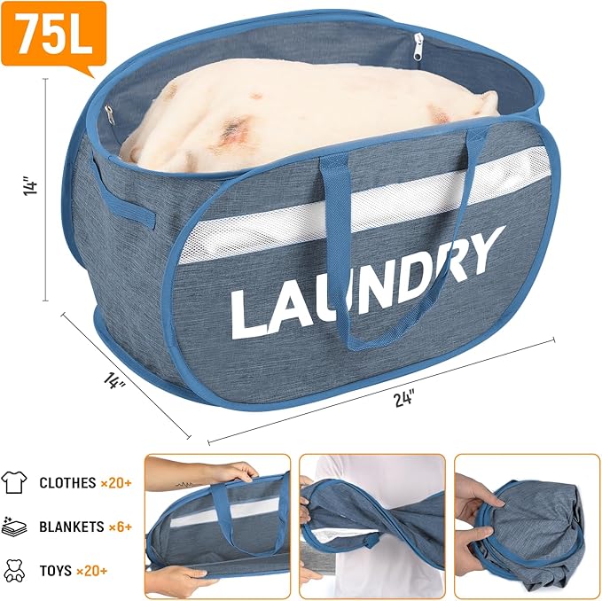 Collapsible Laundry Baskets with Lid, Foldable Clothes Hamper with Reinforced Handles, Sturdy Pop Up Hampers for Laundry, Tear Proof & Easy to Carry Laundry Hamper for Home, Dorm, Travel Blue