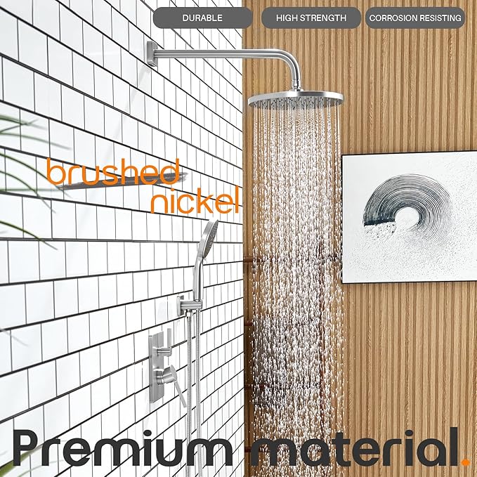 Shower Faucet Mixer Set Includes 10-Inch Rained Shower Head, 3-Setting Handheld Spray and Pressure Balance Valve Wall Mounted Brushed Nickel SF001BR-D10