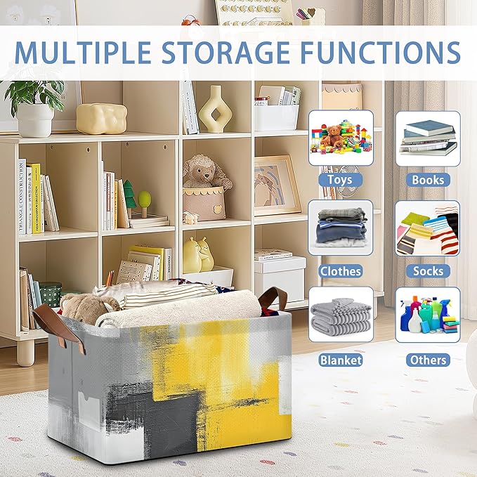 Yellow Gray Storage Baskets,Modern Art Foldable Large Capacity Organizer Bins with Waterproof Lining and Leather Handles for Closet,Shelf,Bedroom 17x11.5x10Inch