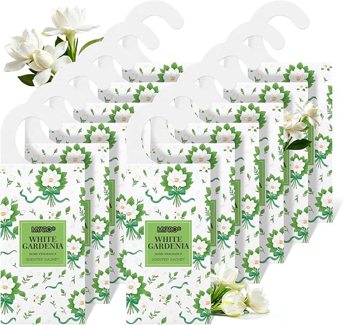 MYARO Large Hanging Sachets Scented for Home 12 Pcs Potpourri Bags Long Lasting Air Freshener for Closet Drawer Car House (White Gardenia)